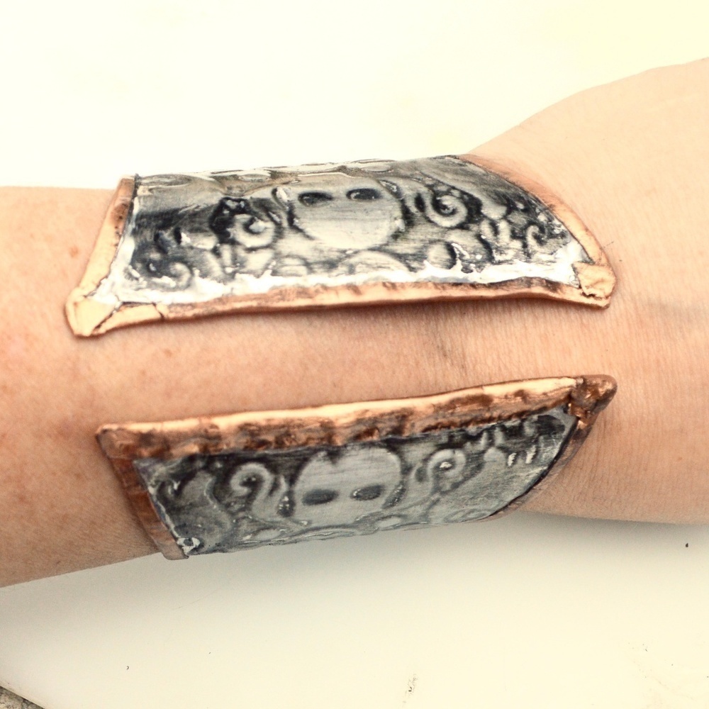 Skull Solid Copper Silver Wide Cuff Biker Handmade Embossed Gothic Gladiator - Picture 3 of 6